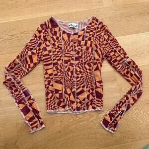 Omighty Exposed Seam Geometric Mesh Long Sleeve Crop Top in Orange